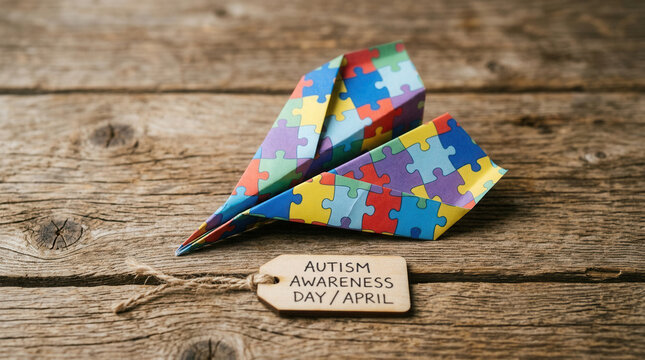 Origami Paper Airplanes Adorned with Autism Puzzle Patterns on Rustic Wood