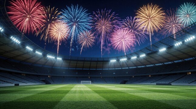 Empty stadium at night with colorful fireworks display. Arena floodlights illuminate the green grass pitch. Celebration event unfolds in a dramatic sky above.