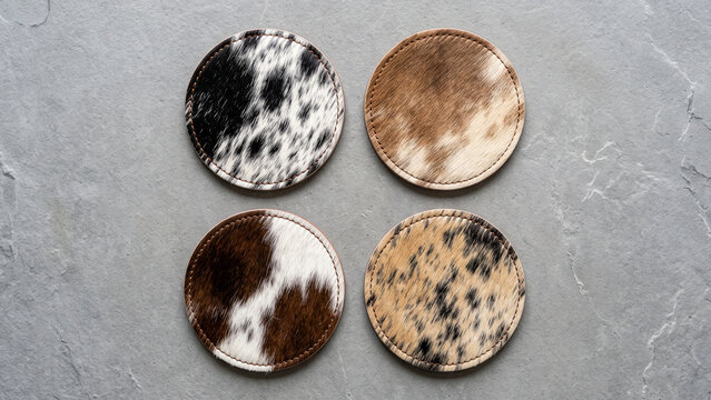 Set of round cowhide leather coasters on a grey stone background