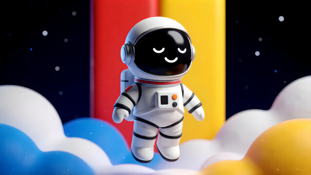 Cute cartoon astronaut floating in space among colorful clouds and stars.