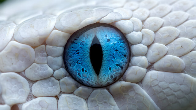 Extreme close up of a white snake eye with vibrant blue iris.