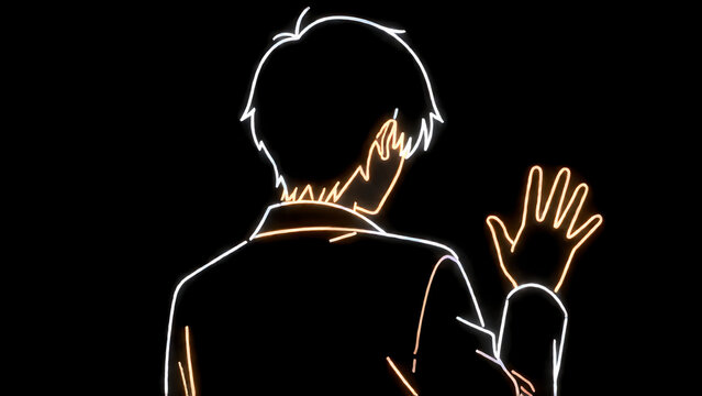 Minimalist neon outline of a young man waving goodbye against a black background.