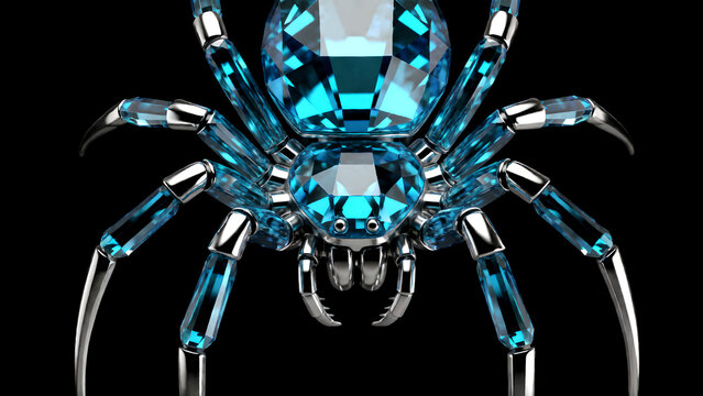A detailed 3D render of a spider made of blue gemstones and silver metal.