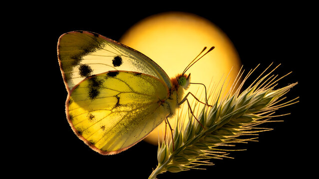 A beautiful yellow butterfly perched on a wheat stalk against a glowing golden sun background.