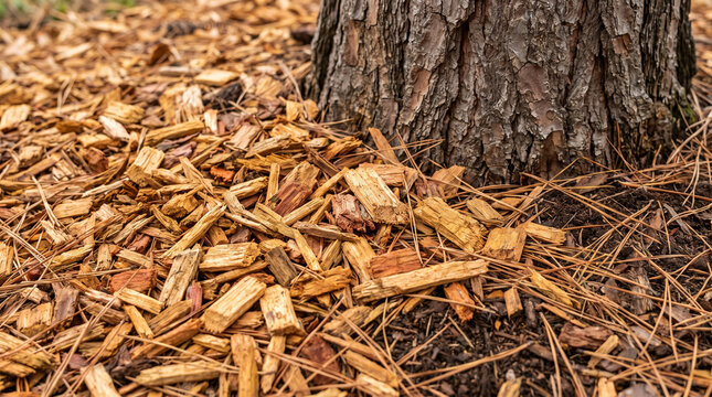 Wood chips around tree base for landscaping and garden maintenance  