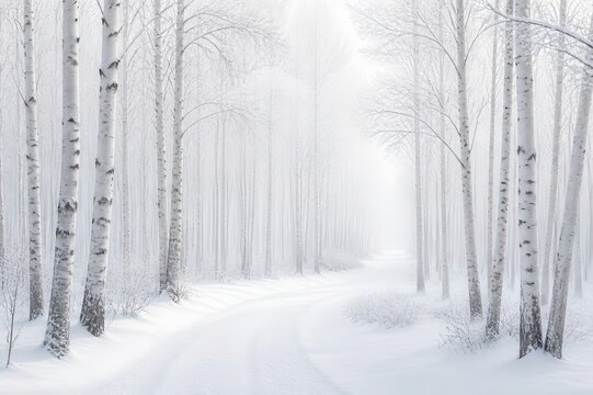 Snowy birch forest path in misty winter landscape