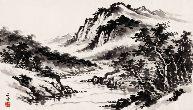 Korean natural scenery in ink painting showing mountains, river, and trees in a traditional style with high fidelity
