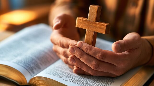 Hands holding a wooden cross over an open Bible, symbolizing Christian faith and prayer in a serene devotional setting.