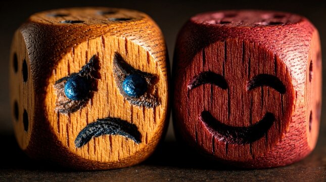Two wooden dice show different emotions. One light wood cube sad face with blue eyes, frown. Red wood dice features happy face with closed eyes. Contrast between joy, sorrow expressed through