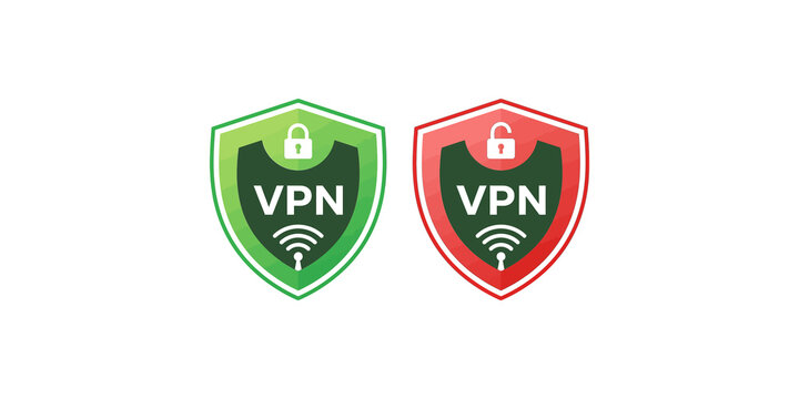 Vpn shield icons with locked and unlocked status for cyber security and network protection concepts.