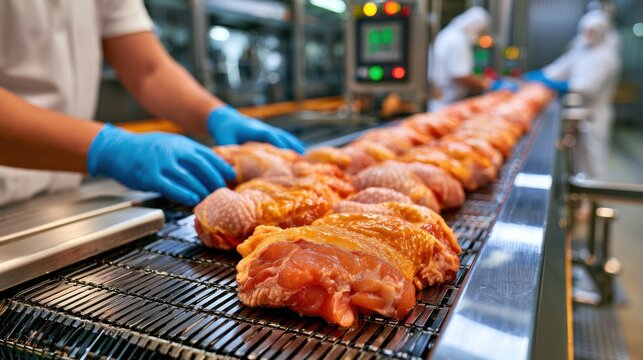 Workers in blue gloves handle raw chicken on a conveyor in a modern food processing plant.