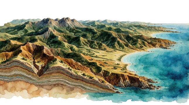 3D GIS terrain model shows coastal landscape with geological layers. Digital elevation model, digital surface model display mountain ridges, hills, sea shore. Detailed topographic map illustration