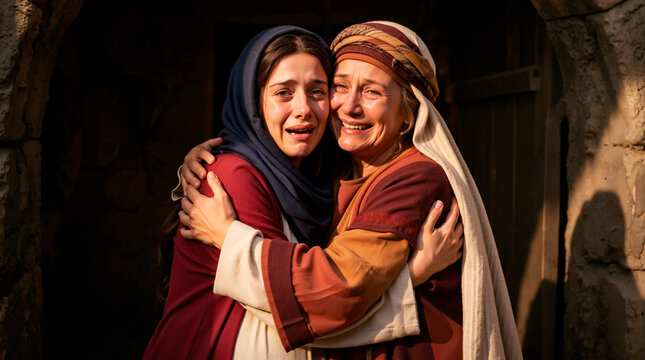 Mary and Elizabeth embracing tightly with tears of joy. Close up biblical visitation scene of two emotional women in traditional robes