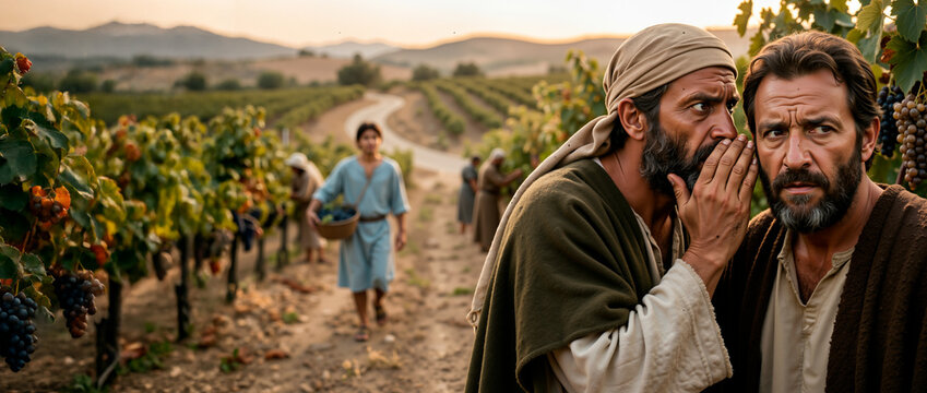 Wicked tenant farmers whispering conspiracy in a vineyard. Biblical parable of the wicked vinedressers plotting against the son. Panoramic banner concept