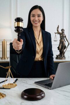 Woman lawyer holds gavel in office, laptop on desk. Justice scales and Lady Justice statue nearby. Pro legal advisor works in law firm, ready for court.