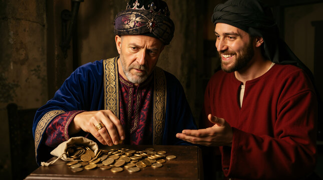Biblical scene of the parable of the minas. Ruler examining gold coins presented by a proud servant. Historical story of faithful stewardship and investment