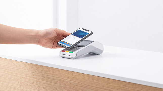 Customer making a contactless mobile payment with a smartphone on a point of sale terminal in a retail store