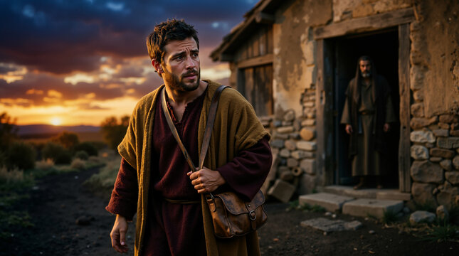 Young man in biblical attire leaving home with shoulder bag. Prodigal son parable concept with father watching in doorway at sunset