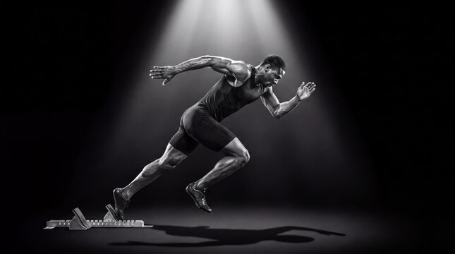 Muscular male athlete sprinting in a powerful starting position isolated against a dark background