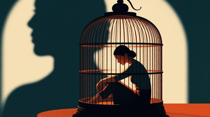 Obraz premium Woman sits sadly inside birdcage casting shadow. Feeling trapped, lonely, or stressed, symbolizing mental health issues. Concepts of confinement, isolation, despair.