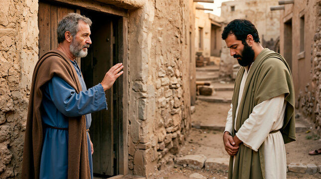Biblical men conversing beside ancient stone doorway. Elder man gently correcting remorseful younger disciple in historic village