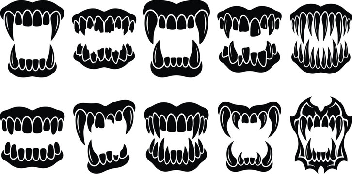 Halloween monster teeth vector set with scary fangs and sharp jaw symbols   