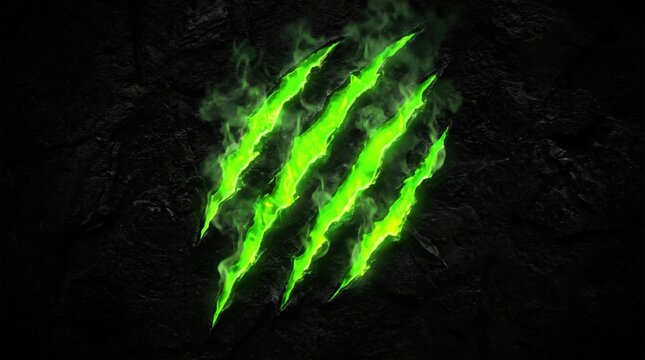 Fierce green claw marks glowing on black rock surface