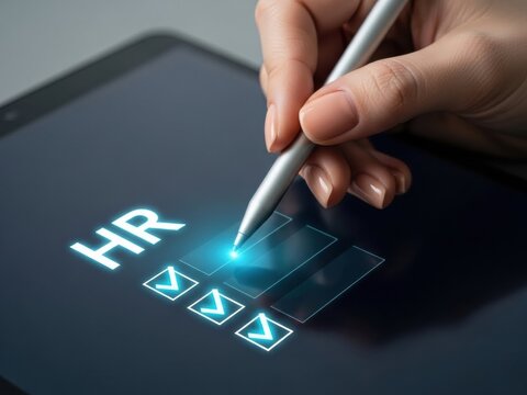 Professional hand tapping glowing HR checkboxes on a digital tablet, managing human resources tasks efficiently.