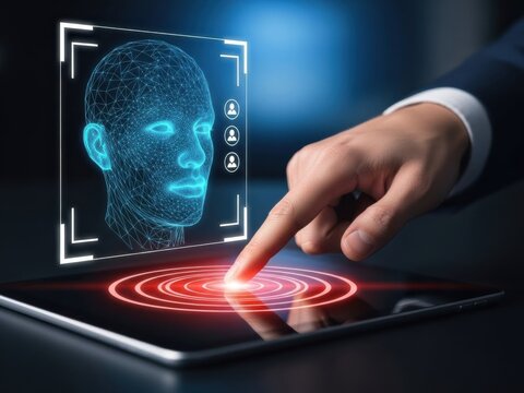 Hand activating a futuristic facial recognition system on a tablet, showcasing secure biometric identification technology.