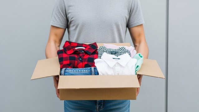 Person holding a cardboard box filled with neatly folded pre-owned clothes for donation.
