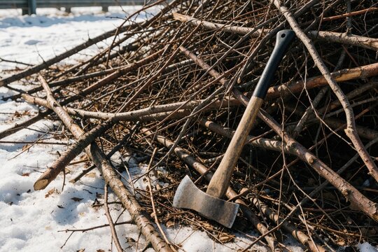Sharp axe rests on large pile of dry branches in winter. Wood sticks, twigs stacked in snowy forest for fuel. Logging tool lies on timber heap for splitting wood in cold weather. Outdoor work with