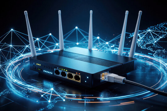 Person connects ethernet cable to black wireless router for high speed internet access. Network modem with five antennas provides global data connection via wifi signal. Digital world map, glowing