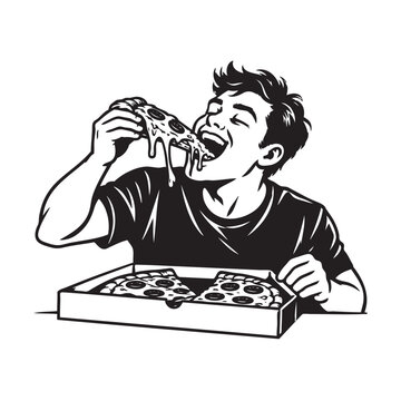 drawing  of a man eating pizza hungrily