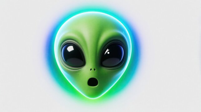 Surprised green alien head with big black eyes, open mouth. Cute extraterrestrial creature glows with blue, green neon aura on white background. Funny sci-fi character concept for space discovery