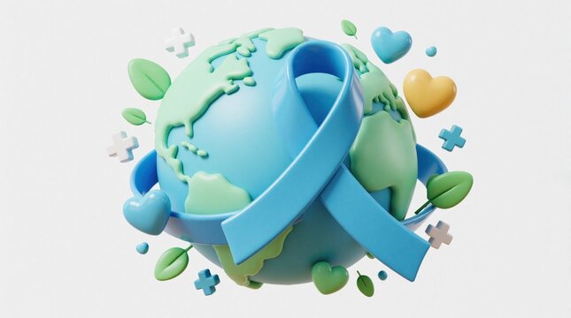 3D illustration shows planet Earth with blue awareness ribbon. Hearts leaves medical crosses float around symbolizing global health care and environmental support.