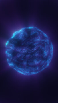 Dark blue plasma sphere with a glowing cyan rim and swirling fluid surface, creating a mysterious abstract cosmic energy orb on a purple background.