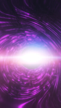 Abstract purple energy vortex with glowing circular trails spiraling toward an intense white light at the center.