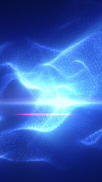 Glowing blue particle wave with a bright central beam, creating an abstract futuristic energy field and digital technology background.