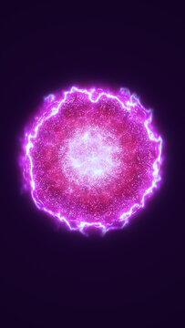 Bright magenta plasma sphere with glowing particles, electric edge, and intense futuristic energy burst on dark background.