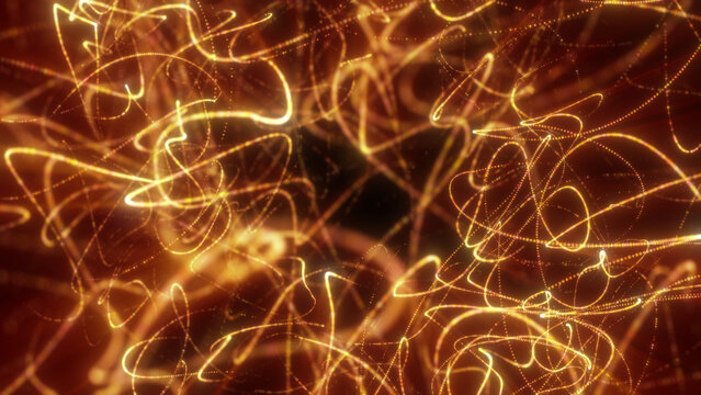 Abstract golden light trails and dotted lines on a warm dark background, forming a radiant energetic pattern with a luxurious futuristic feel.