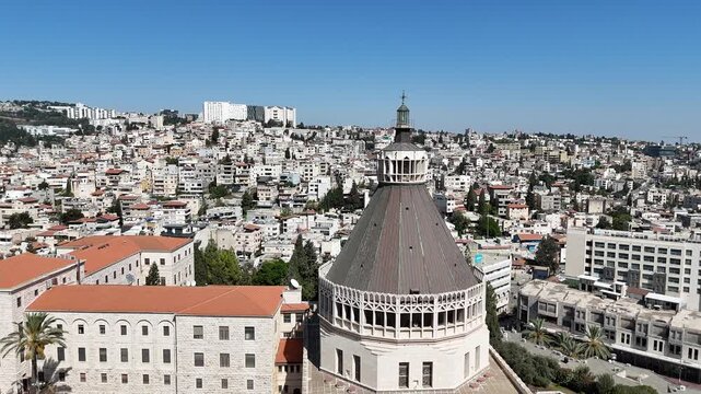 Aerial view of the city of Nazareth, showing the Basilica of the Annunciation and the houses adjacent to the Old City.