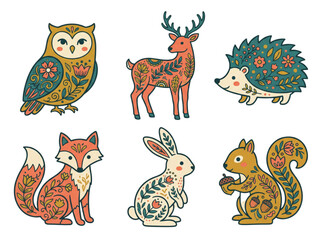 Obraz premium Folk Art Woodland Animals Vector Illustration Set with Floral Ornament