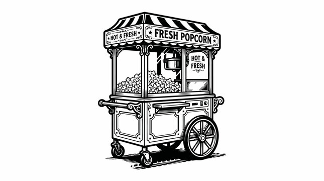 Vintage retro style popcorn cart vector illustration line art