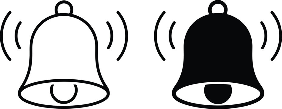 Ringing bells in outline and solid black vector illustration.