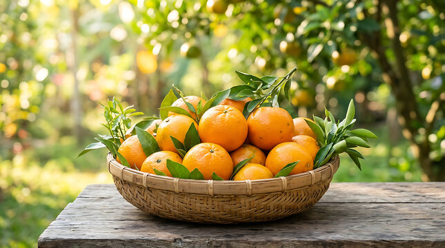 Fresh Oranges in Rustic Wicker Basket Outdoor.