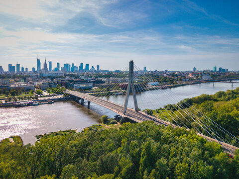 Aerial view of Warsaw skyline with Swietokrzyski Bridge and Vistula River, Poland