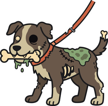 Cute cartoon zombie dog on orange leash chewing a bone with green slime. Isolated vector clip art on transparent background for Halloween pet decor, funny dog lovers, horror stickers and apparel print
