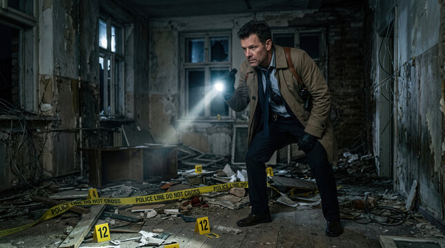 Detective Investigating Crime Scene In Abandoned Building With Flashlight Yellow Tape Evidence