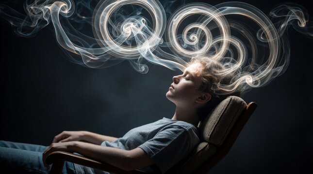 Person reclines in chair, smoke spirals from head into trance state. Deep relaxation, mental escape, mind altering experience. Therapy session concept. Soft light.