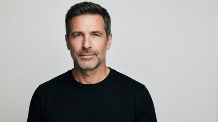 Obraz premium Mature caucasian man with short hair, grey stubble looks at camera. Serious middle aged male wears black shirt in studio. Portrait of confident adult guy with calm expression on plain light